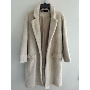 Zara Long Oversized Beige Herringbone Fuzzy Jacket, Women’s Size Small